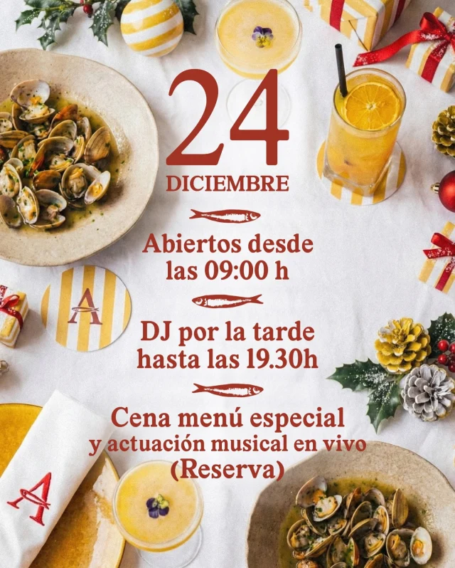 ✨ Programación especial de Navidad en Armonía Beach Club ✨

Con motivo de las próximas festividades, queremos compartir con vosotros nuestros horarios y propuestas especiales para estos días tan señalados:

🎄 24 de diciembre
Abriremos en nuestro horario habitual, desde las 9:00 h.
Por la tarde contaremos con la sesión de DJ hasta las 19:30 h.
Para la cena de Nochebuena, hemos preparado un menú especial, que podéis consultar a continuación. Con música en directo por parte de @benitogonzalezsax 

🎁 25 de diciembre
Abriremos exclusivamente para el servicio de comidas, con menú a la carta.

🥂 31 de diciembre
Abriremos a partir de las 9:00 h, con DJ por la tarde hasta las 19:30 h.
Por la noche celebraremos nuestra cena especial de Nochevieja, con un menú diseñado para la ocasión.
Durante la cena disfrutaremos de música en directo, seguida de una fiesta que se prolongará hasta las 3:00 h.

✨ 1 de enero
Abriremos solo para el servicio de comidas, a partir de las 13:00 h.

ℹ️ Información importante sobre reservas
Para las cenas de los días 24 y 31 de diciembre, será necesario abonar por adelantado el 50 % del importe del menú para confirmar la reserva.

Os esperamos para celebrar juntos estas fechas tan especiales en Armonía Beach Club 🌊💫