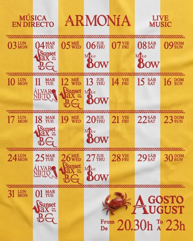 Agosto suena a mar, a atardeceres que se alargan y a noches que merecen banda sonora.

Este mes, en Armonía Beach Club, cada semana tiene un ritmo distinto. Déjate llevar por la elegancia de Sunset Sax con Benito González, la energía de Mike Bow y su violín, y la voz poderosa de Álvaro Nieto, mientras disfrutas de una copa, una cena frente al mar o simplemente del placer de estar donde apetece.

Consulta la programación y acompáñanos para vivir un agosto lleno de música en directo, buena gastronomía y la mejor puesta de sol del Mar Menor.

Te esperamos de 20:30 h a 23:00 h.

🎷🌅🎶🍸🌊

August sounds like the sea, golden sunsets and unforgettable nights.

This month at Armonía Beach Club, every week brings a different live music experience. Enjoy the elegance of Sunset Sax with Benito González, the energy of Mike Bow and his violin, and the powerful voice of Álvaro Nieto, all while savouring a cocktail, dinner by the sea or simply the atmosphere of the Mediterranean.

Check out our live music schedule and join us for an August filled with great music, exceptional cuisine and the best sunsets over the Mar Menor.

Live music from 8:30 PM to 11:00 PM.

#ArmoniaBeachClub #LiveMusic #MarMenor #SunsetVibes #LosAlcazares