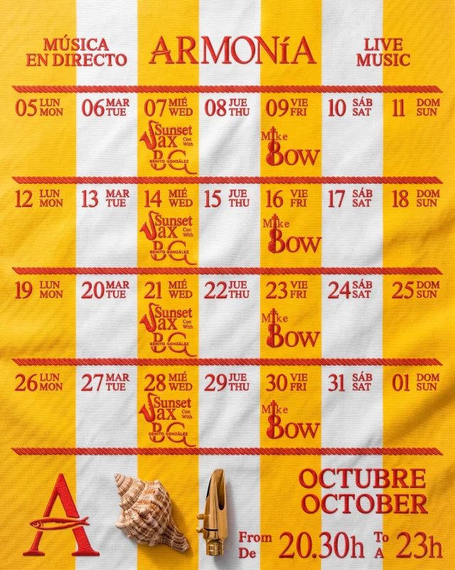 Octubre suena a música en directo en Armonía 🎶✨

Todos los miércoles, disfruta de nuestros atardeceres con Sunset Sax, el directo de saxofón de Benito González @benitogonzalezsax 🎷🌅. Y cada viernes, dejamos que el violín de Mike Bow @mikebowviolin ponga la banda sonora a la noche. 🎻✨

Música en directo, una copa, el Mar Menor y el ambiente de Armonía. Todo lo que necesitas para disfrutar de octubre con nosotros. 🥂🌊

October sounds like live music at Armonía 🎶✨

Every Wednesday, enjoy the sunset with Sunset Sax, a live saxophone performance by Benito González @benitogonzalezsax 🎷🌅. And every Friday, Mike Bow @mikebowviolin brings his live violin performance to set the mood for the evening. 🎻✨

Live music, a drink, the Mar Menor and the Armonía atmosphere. Everything you need to enjoy October with us. 🥂🌊

#ArmoniaBeachClub #LiveMusic #MarMenor #SunsetVibes #LosAlcazares